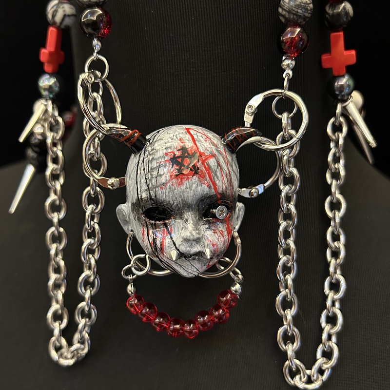 Gothic Demon Blood Curse Punk Multi-Layered Grimace Doll Head Cross Cosplay Necklace Choker