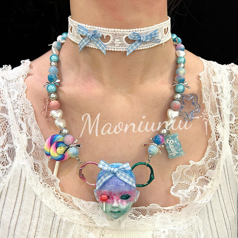 【Mao Niu Niu】Loita Dreamy Sweet Doll Head Beaded Necklace, Beautiful Maximalist Candy Choker