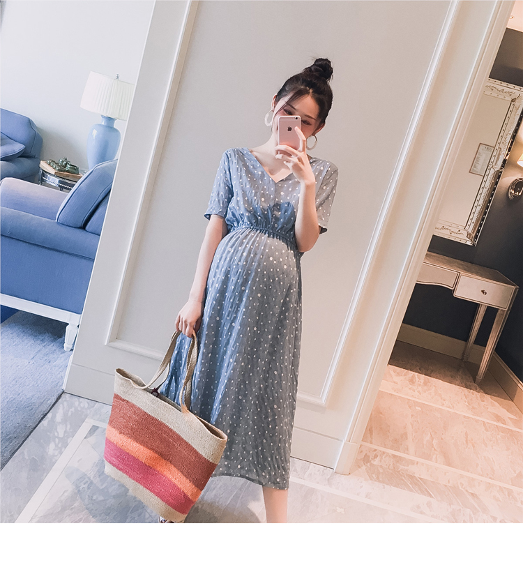 Thai sản mặc 2018 mùa hè ăn mặc mới V-Cổ điểm sóng tie eo thời trang phụ nữ mang thai hot mom dài dresses