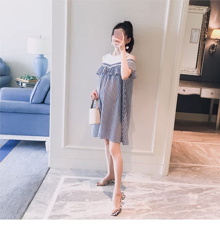 Thai sản mặc 2018 mùa hè mới sọc dọc strapless ruffle Một phiên bản búp bê phụ nữ mang thai hot mom dresses