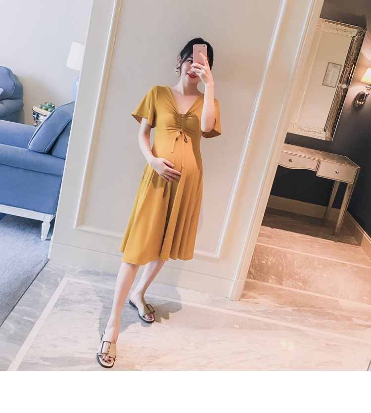 Thai sản mặc 2018 mùa hè phong cách mới neckline V-Cổ eo đàn hồi phụ nữ mỏng mang thai dài ăn mặc triều áo bầu đẹp