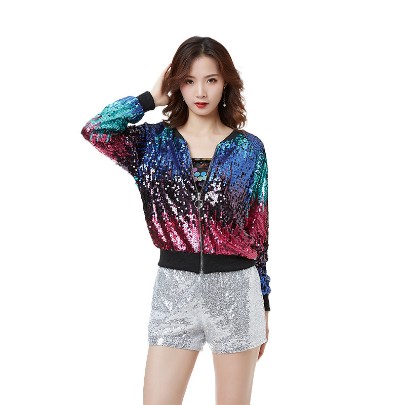 2024 New Gradient Sequin Shiny Long-Sleeve Zip-Up Jacket Baseball Uniform Korean Style Short Coat