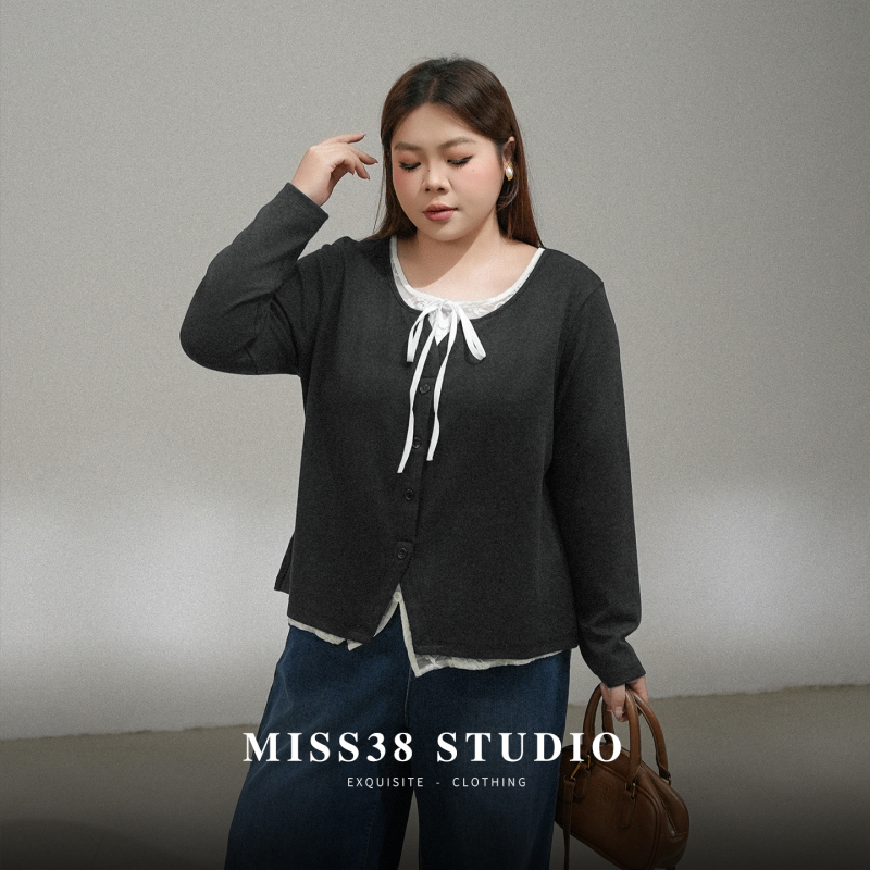 Plus Size Women's Clothing [Serene Autumn Colors] Glutinous Velvet Elegant Commuter Style Faux Two-Piece Lace Splicing Slimming Long-Sleeve Top