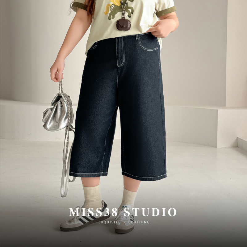 Plus Size Women's Clothing [American Street Style Jeans] Summer Vintage Exposed Seam Embroidered Design Wide-Leg Cropped Pants for Chubby Women