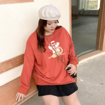 (50 yuan off immediately) Fat mm American retro round neck loose shoulder print long-sleeved large size thin sweater