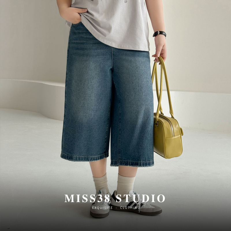 Plus Size Women's Clothing [Slimming and Long Legs Effect] Summer Vintage High-Waisted Loose Casual Wide-Leg Denim Capri Pants for Chubby Women