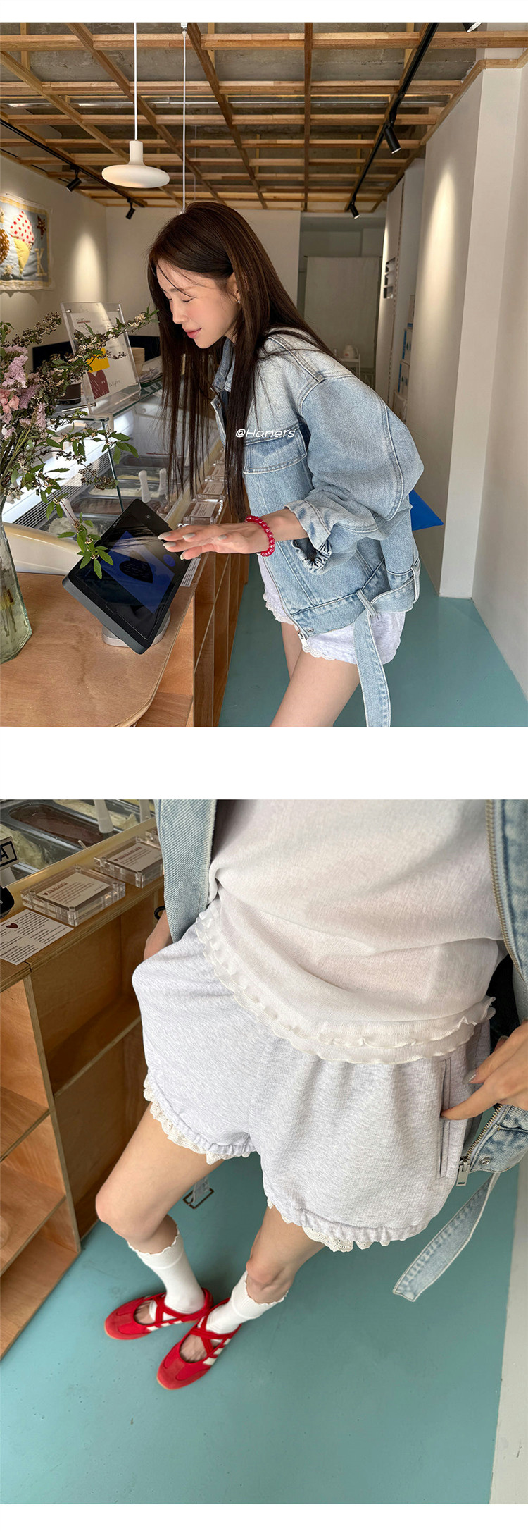 한국 스타일 새로운 워크웨어 바람 카우보이 바깥 세트 여성 의류 폴로 칼라 루즈핏 슬림해 보이는 쇼트 스타일 데님 재킷 상세 이미지 4