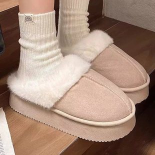 皮毛一体雪地靴厚底加绒包头棉拖鞋