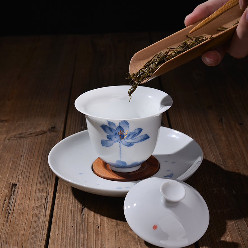 Thousand red up ceramic tureen large kung fu tea set household hand - made white porcelain three to cover a cup of tea to tea cups