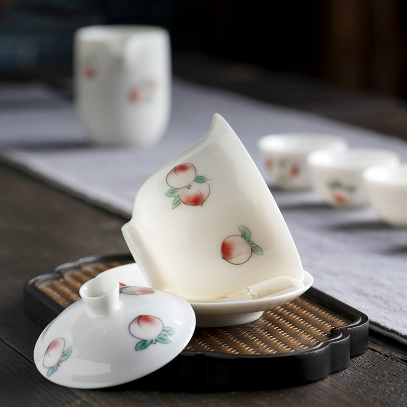 Thousands of red white porcelain up tureen pure hand draw three cups to cover cup single household large hot kung fu tea set