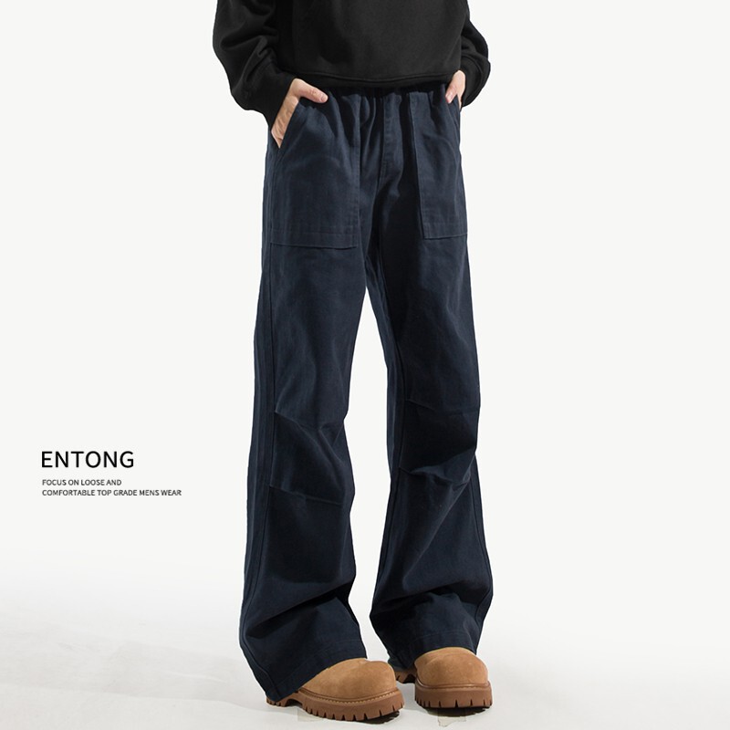 Entong American-Style Large Pocket Retro Work Pants for Men, New Loose Straight-Leg Fleece-Lined Casual Pants for Spring and Autumn