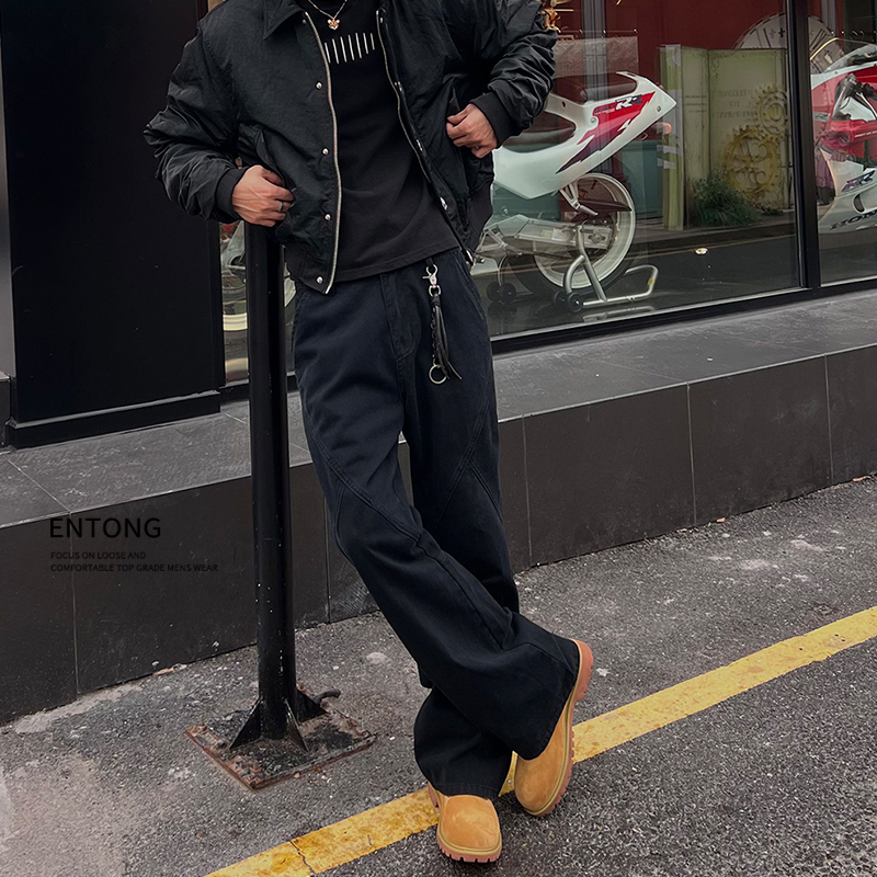 Entong American-Style Trendy Retro Deconstructed Design Jeans for Men, New High-Street Straight Loose Long Pants