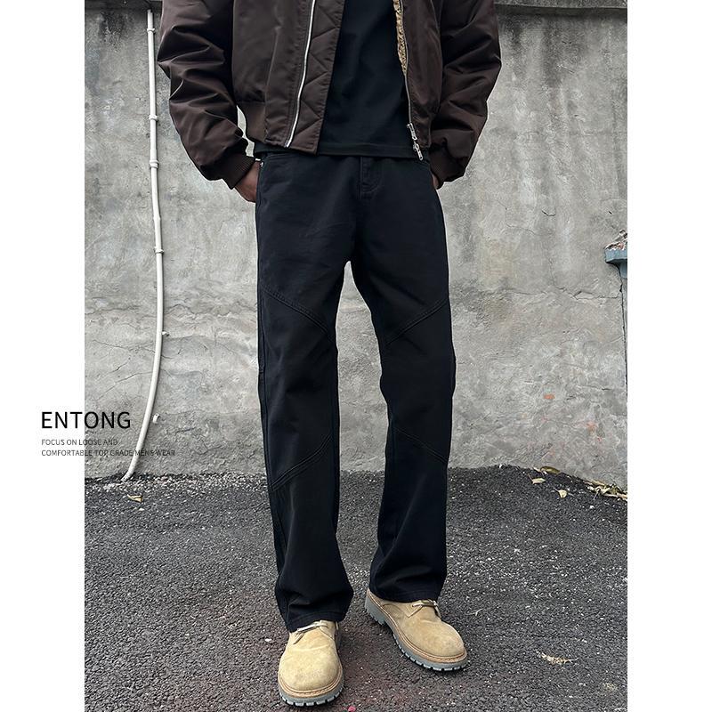 Entong American High Street Vibe Black Tailored Jeans for Men, Street Style Cool Loose Straight Slimming Long Pants