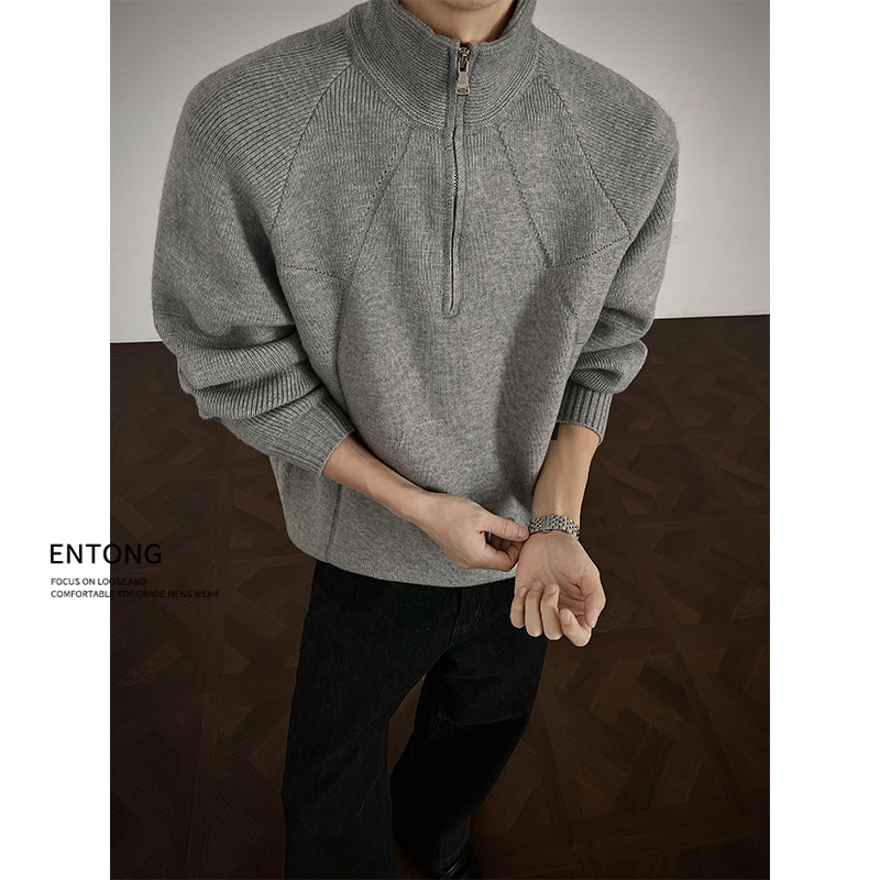 Entong Gray Turtleneck Half-Zip Sweater for Men, Spring and Autumn 2026 New Style, Loose and Casual Pullover Knitwear