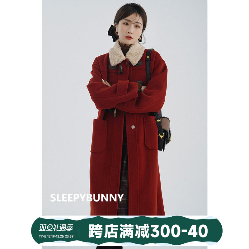 Dozing rabbit red lamb wool collar buffalo horn buckle large coat female winter minor temperament loose long fur coat-Taobao