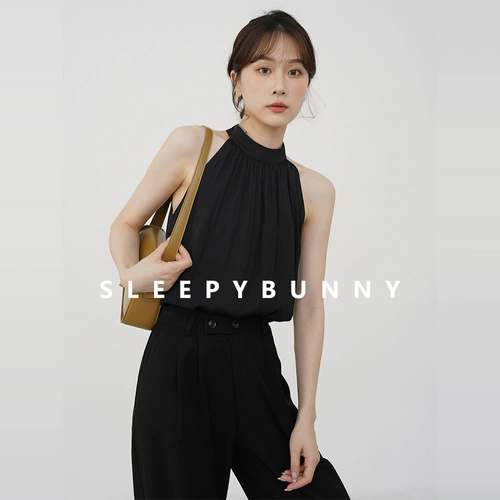 瞌睡兔 Короткая дизайнерская черная майка без рукавов, французский стиль, эффект подтяжки, тренд сезона