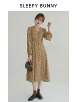 Sleeping rabbit high waist line pull ratio high waist flower gentle retro dress women long sleeve French tea break skirt