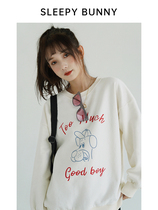 Sleeping rabbit stick figure print round neck long sleeve sweater female small man 2021 new spring and autumn thin coat