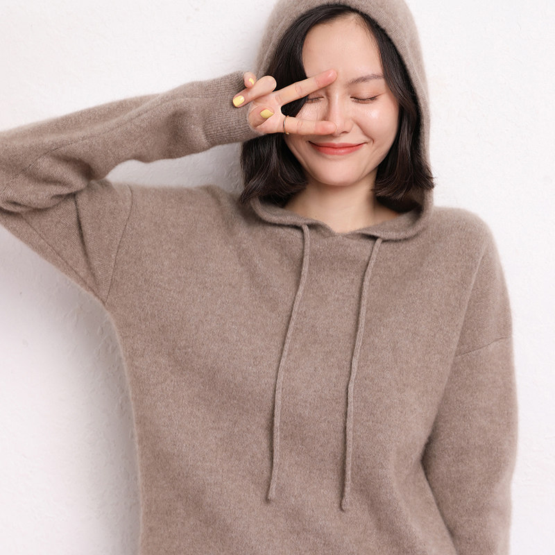 High - end 100 % pure cashmere knitting sweater autumn and winter new thickened cap jacket retro - tight sweater warm cap