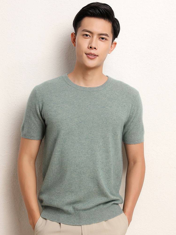 2022 new high-end brands 100% cashmere shirts male short sleeves semi-high collar green middle-aged men casual round neck sweater