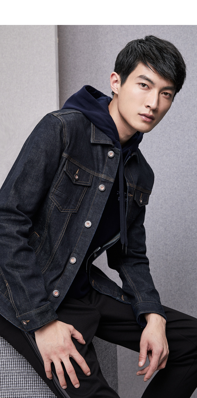 Áo khoác denim thời trang nhà HLA Haishu 2018 mùa thu mới Ve áo In denim dài tay hàng đầu nam phong cách thời trang nam