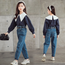 Girls fashion suit 2021 autumn western style Korean version of double-layer color matching collar top bud jeans two-piece set