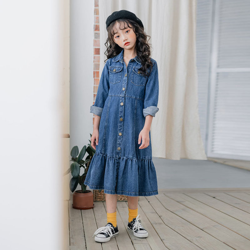 Girls dress Children denim skirt spring Korean version red ocean girl spring and autumn long sleeve waist princess dress