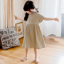 2021 Korean summer dress girl dress round neck simple shoulder loose art cotton linen middle child temperament long skirt