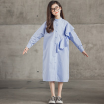 2021 Autumn new products girls stand-up collar long-sleeved dress Mid-size childrens mid-length ruffle temperament shirt skirt