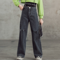 Girls  black and gray jeans 2021 autumn new medium and large childrens loose holes straight wide-legged pants retro trousers
