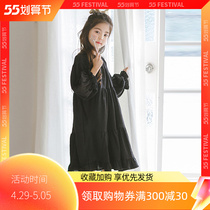 Girls spring and autumn long sleeve dress net red ocean Korean version CUHK Childrens pure cotton black temperament Long dress 12 years 15