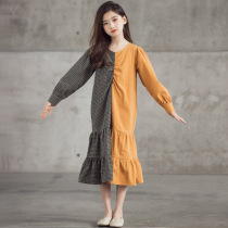 Girl temperament dress 2021 autumn new product Zhongda virgin god fan cake dress contrast plaid stitching long skirt