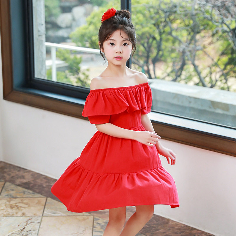 Summer child clothing New pint girl red ocean dress Korean version Children in the middle of a large child lotus leaf side beach long skirt