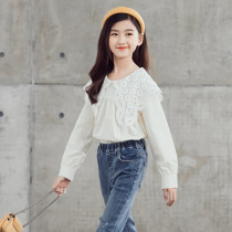 Girls pure cotton long-sleeved shirt 2021 autumn Korean lace collar top Zhongda childrens net red princess style shirt