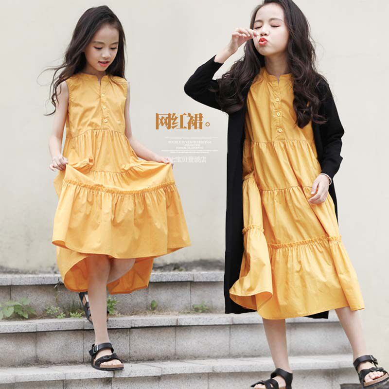 2021 Summer Girls cotton stitching dress Western style Sundress Beach long dress Large child loose cake dress