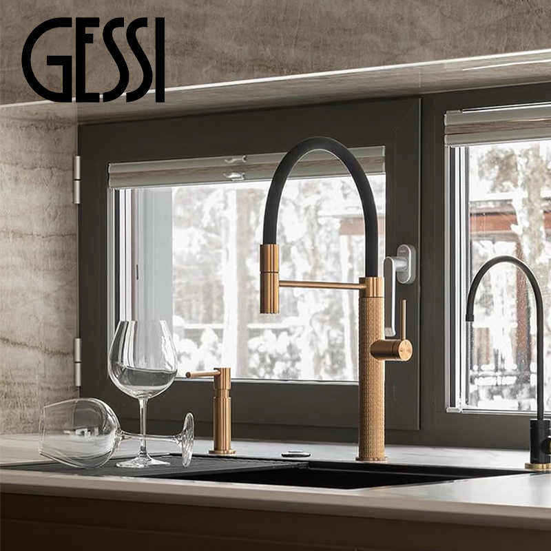 Italian Gessi Kitchen All-Copper Faucet with Pull-Out, Swivel, and Universal Brush Finish for Hot and Cold Water