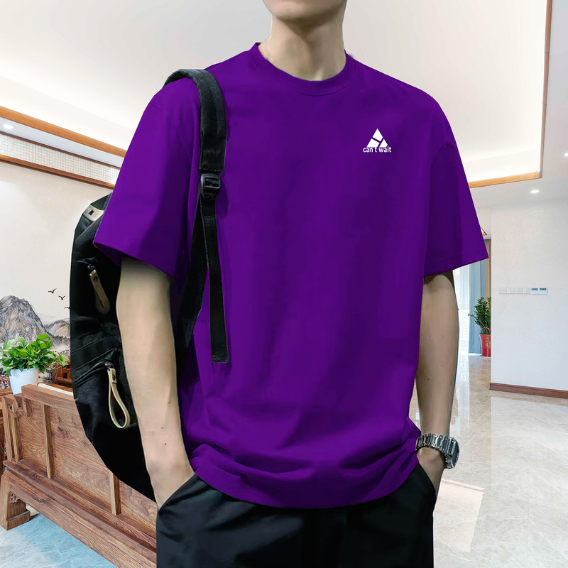Hong Kong Style Nine-Run Purple Large Size Men's T-Shirt Short-Sleeved Pure Cotton Sportswear for Ages 20-40, Small Label, Skin-Friendly Base Shirt