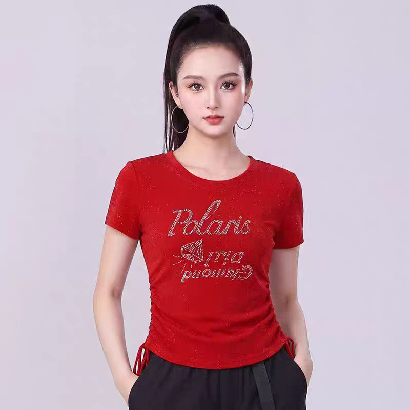 2026 Summer New Mesh Silver-Embossed Drawstring Short-Sleeve Fashion Round Neck T-Shirt for Women with Letter Sequins Top 2026 Summer New Mesh Silver-Embossed Drawstring Short-Sleeve Fashion Round Neck T-Shirt for Women with Letter Sequins Top