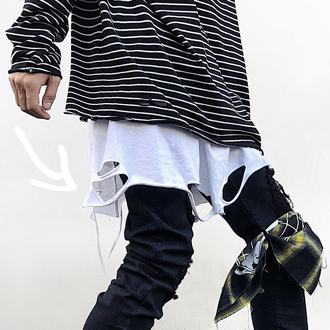 High street butt curtain cut break hole drawing fake two pieces of swing magic plate can be removed apron for men and women