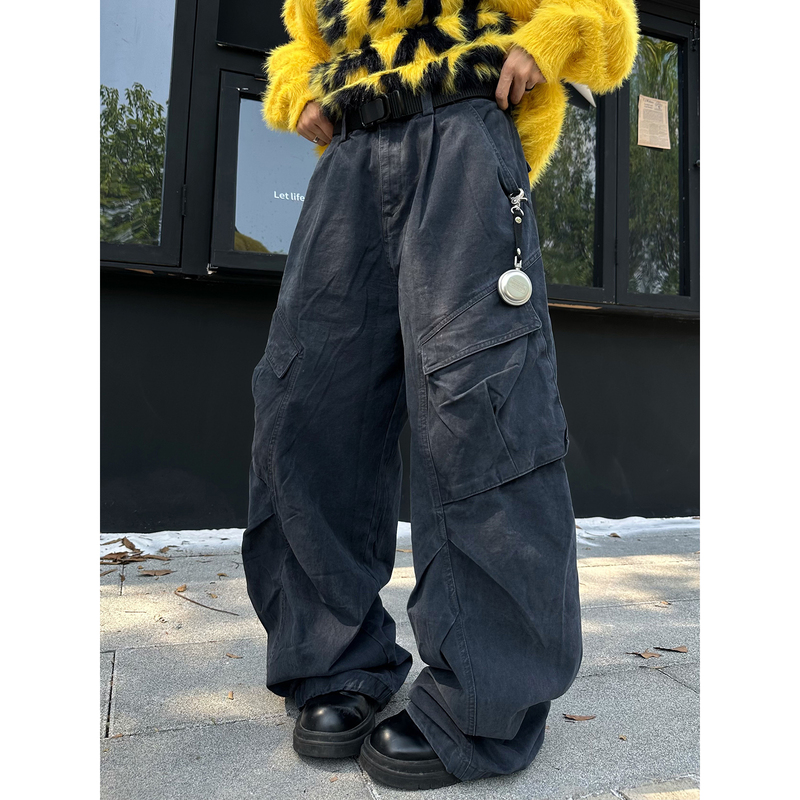 Xbro American Retro Heavy Washed Scimitar-Style Slimming Loose Drape Floor-Length Wide-Leg Cargo Pants with Large Pockets for Men and Women