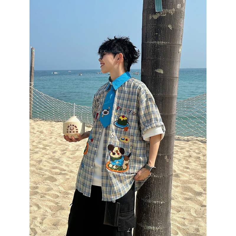 Xbro American Retro Embroidered Cartoon Puppy Dopamine Tie Plaid Shirt Summer Half-Sleeve Short-Sleeve Shirt