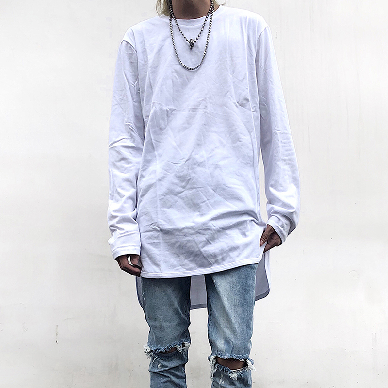 European and American high street men's and women's solid color bottoming front short back long split arc lengthened loose drape drop shoulder long-sleeved T-shirt