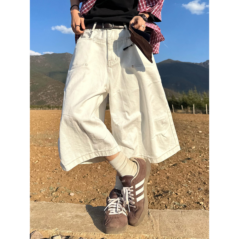 Xbro Japanese Retro Summer White Niche Wide-Leg Exposed Seam Loose Casual Workwear Denim Pants Unisex Cropped Pants