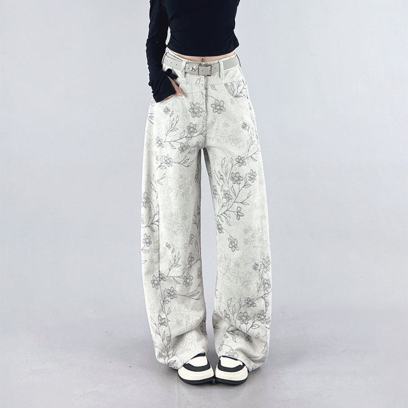 Vintage Washed Jacquard Scimitar Jeans for Women 2026 Spring New Design High-Waisted Slimming Loose Sickle Pants