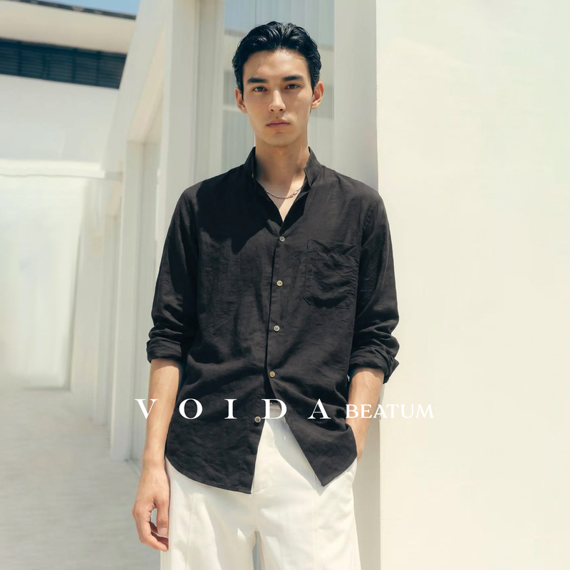 Voida Modal Silk Stand Collar Long Sleeve Shirt for Men, Summer Textured Black Lightweight Jacket