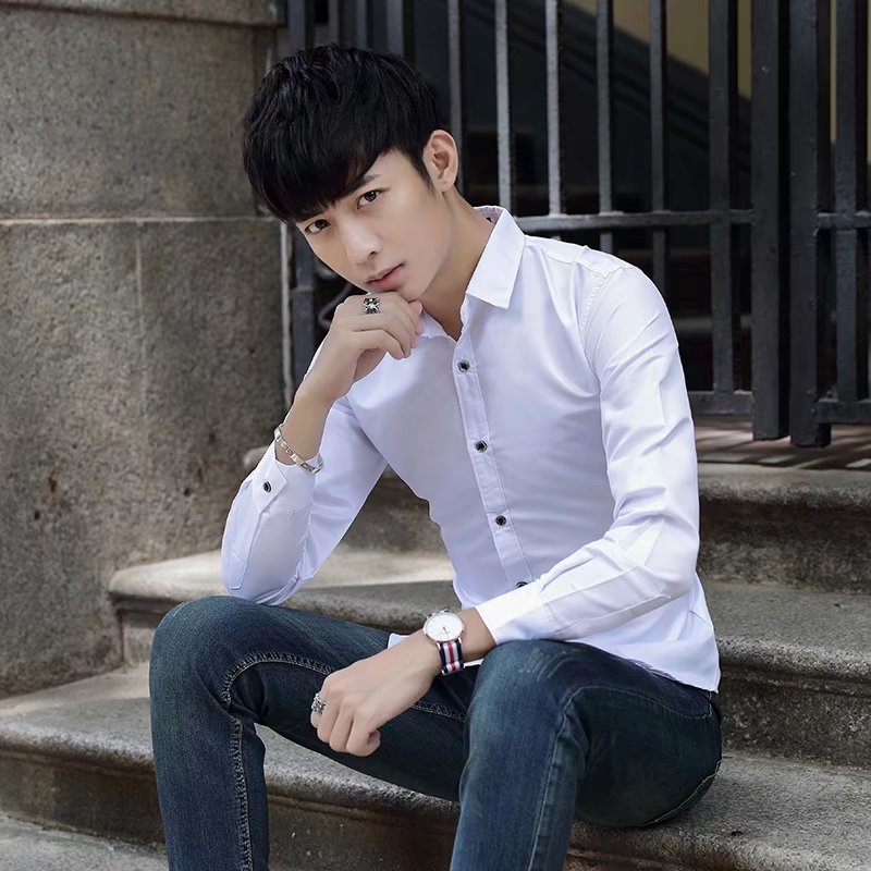 Anh em nhóm chú rể quần áo áo dài tay nam đất cỡ lớn Slim váy cưới đẹp trai chú rể áo sơ mi jean nam