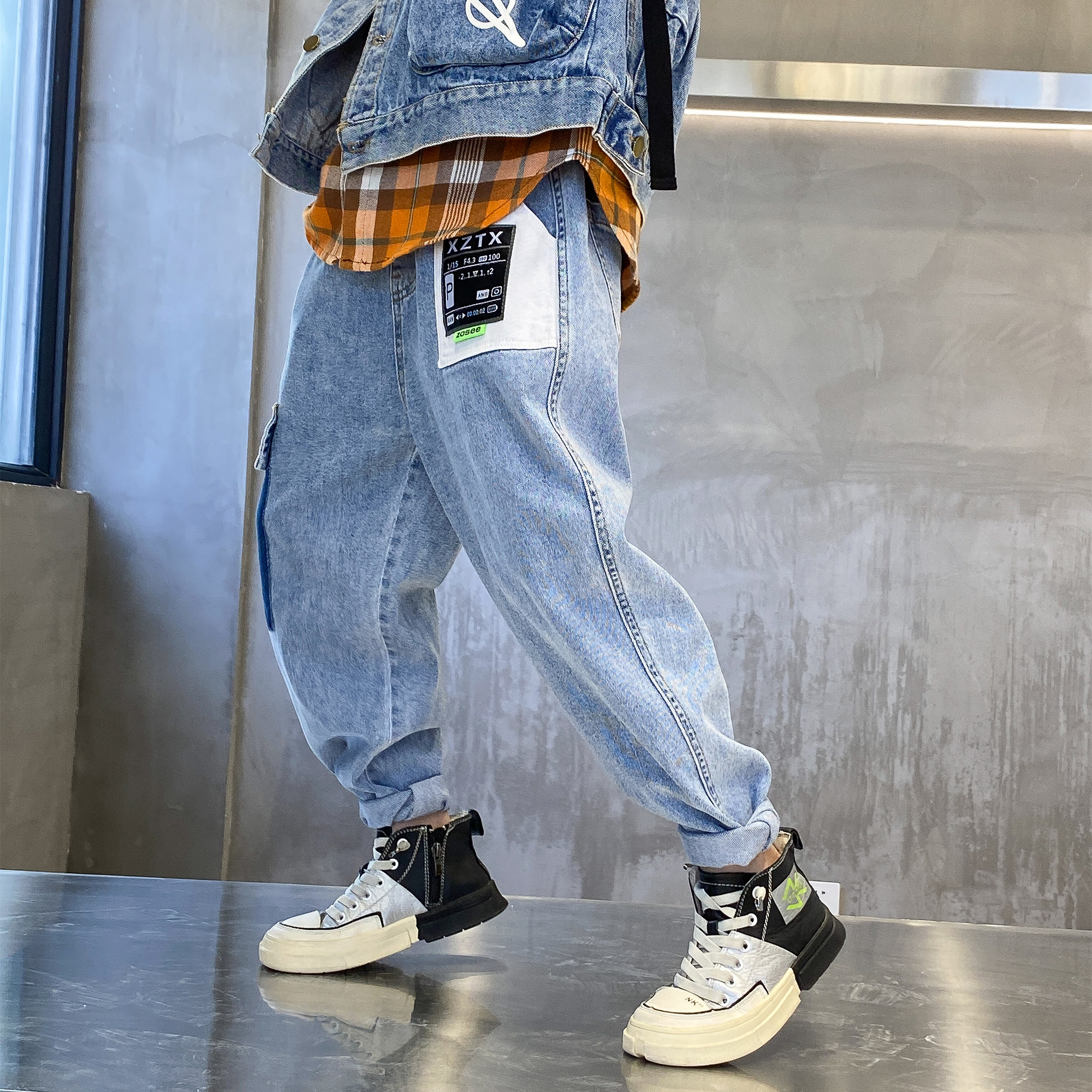 Boy's spring clothing jeans 2021 new port Wind to make old foreign pie loose personality CUHK Scout pants Long pants Pants