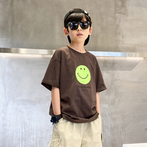 Boy smiling face printed short sleeves 2021 new foreign air Korean version personality summer clothing T-shirt CUHK Casual Half Sleeve Tide