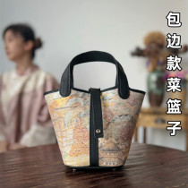 Edged first-layer cowhide Chinese style bucket bag handbag new Chinese vegetable basket womens bag handmade diy material bag