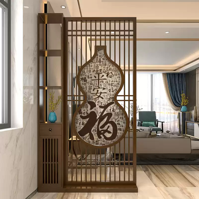 New Chinese-Style Gourd-Shaped Screen Partition Cabinet for Entryway, Home Living Room, and Foyer, Featuring Hollow Grille and Solid Wood Storage Shelf New Chinese-Style Gourd-Shaped Screen Partition Cabinet for Entryway, Home Living Room, and Foyer, Featuring Hollow Grille and Solid Wood Storage Shelf